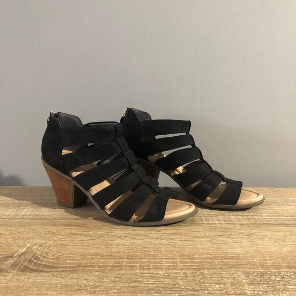 Dr. Scholl's Concept Heels Womens Sz 7.5M Black Gladiator Fabric Open Toe Block - Picture 1 of 11